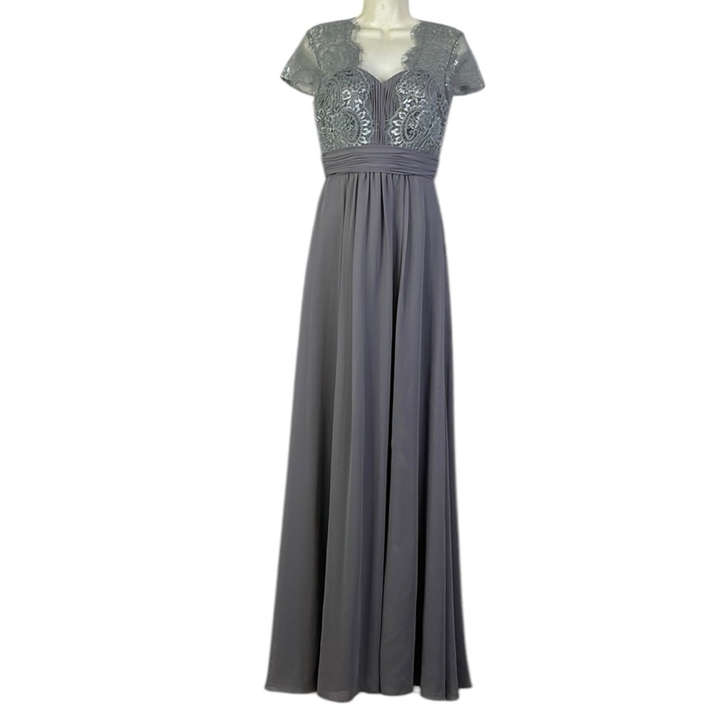 Poly USA Short Sleeve Embroidered Illusion Chiffon Gown Party Formal Maxi Dress